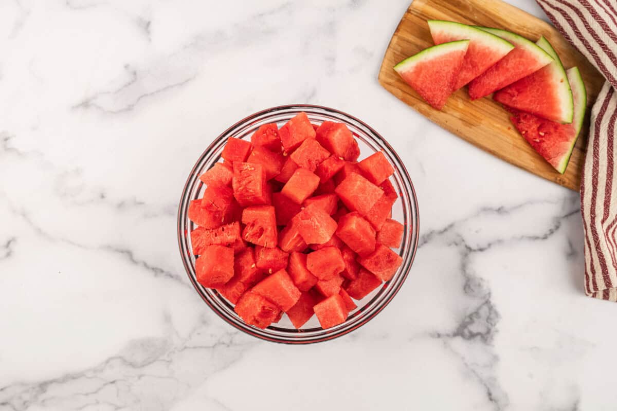 overhead view of cubed watermelon