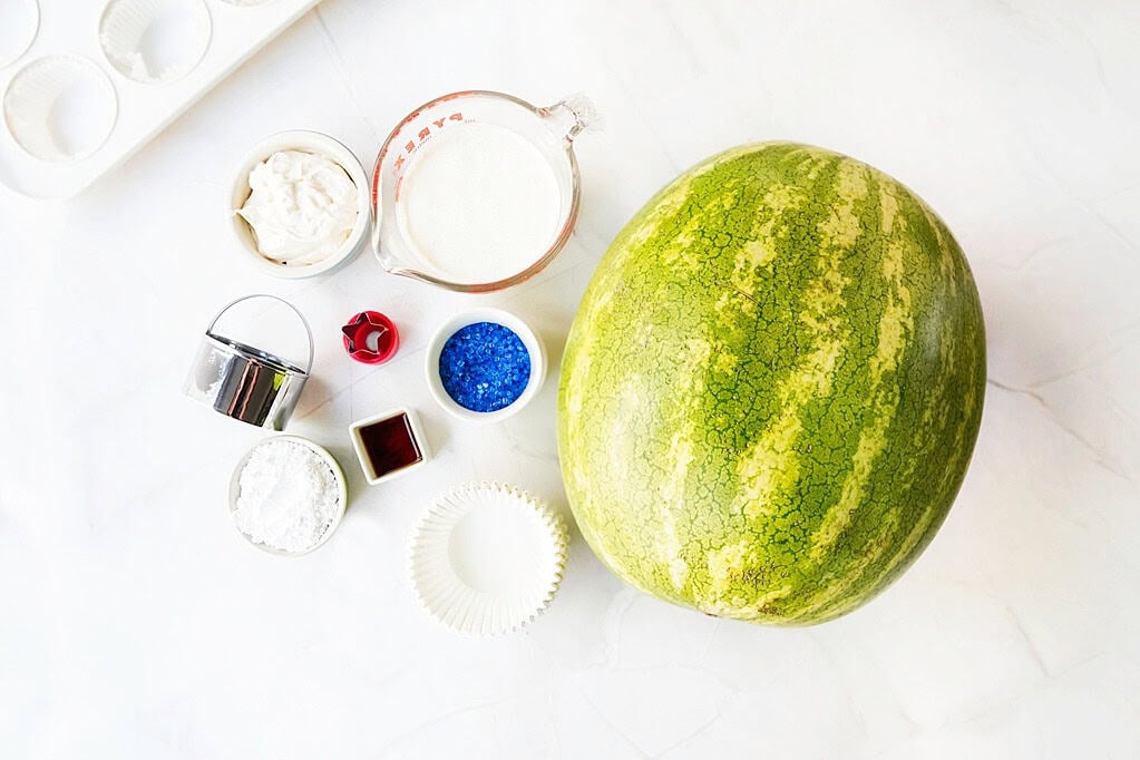 watermelon, blue sprinkles, whipping cream, yogurt, vanilla, confectioners sugar