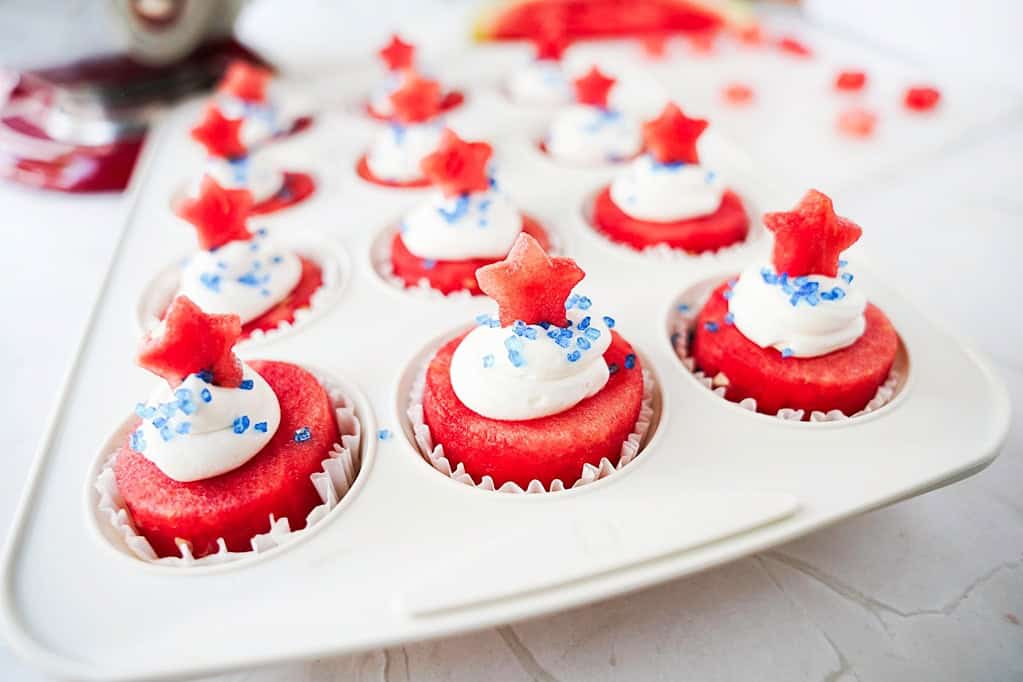 Watermelon cupcakes in a muffin tin