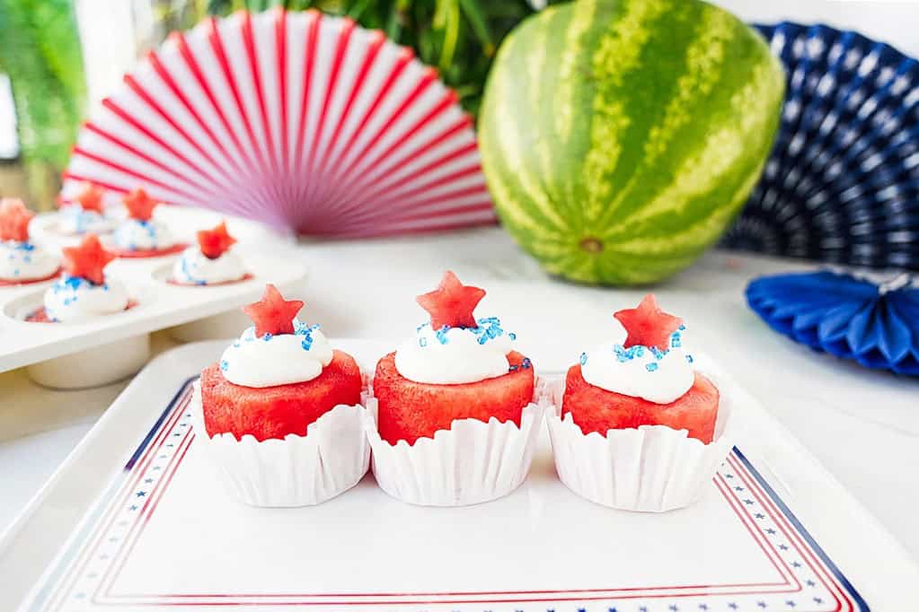 watermelon cupcakes on a serving platter