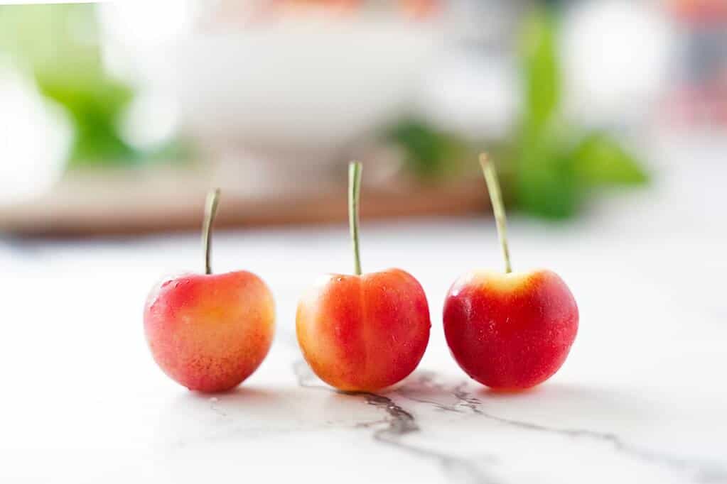 3 Rainier Cherries on counter