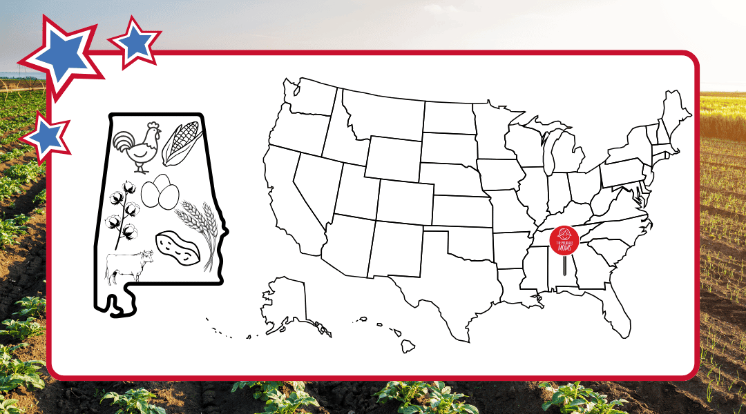 US Map with a pin in Alabama and an outline of the state with some of the top agricultural commodities