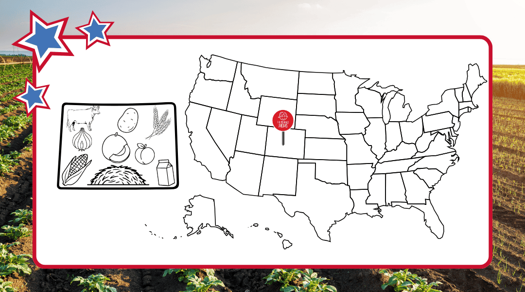 US Map with a pin in Colorado and an outline of the state with some of the top agricultural commodities