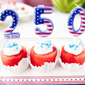 250 candles in Watermelon Cucapkes on red, white and blue plate
