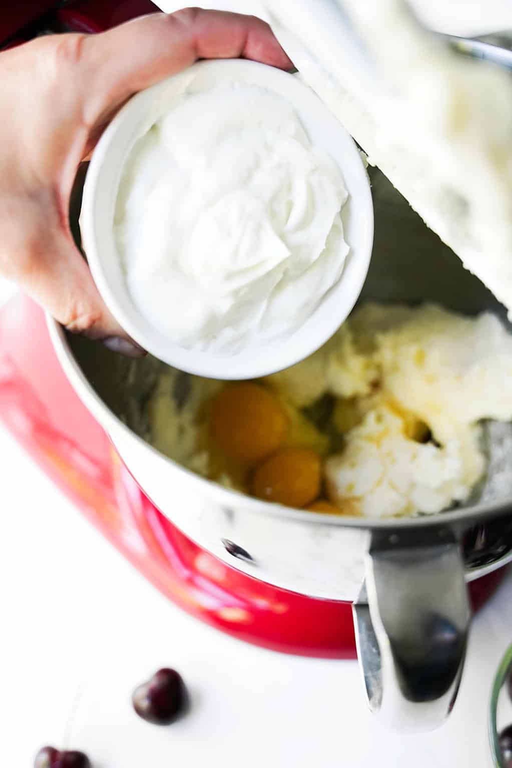Wet ingredients in a stand mixer