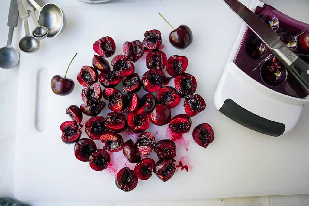De-stemmed, pitted, and halved cherries