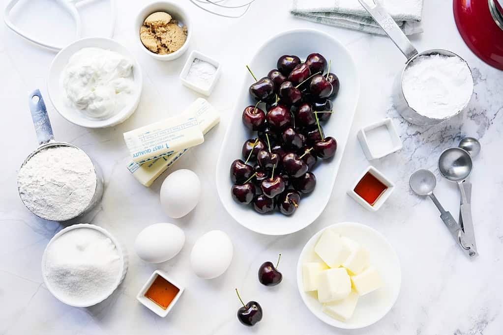Cherries, Greek yogurt flour, eggs butter, and sugar