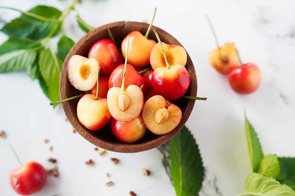 Rainier cherries in a bowl on counter