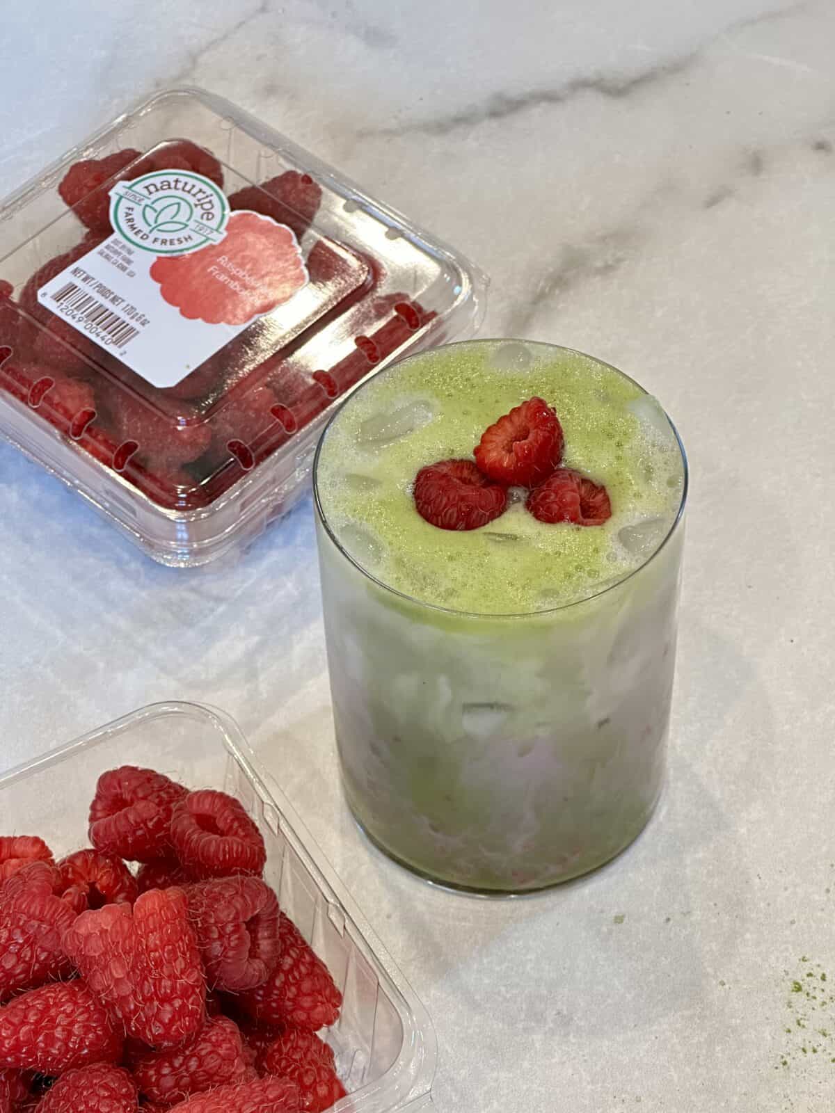 close up of Iced Raspberry Matcha Latte