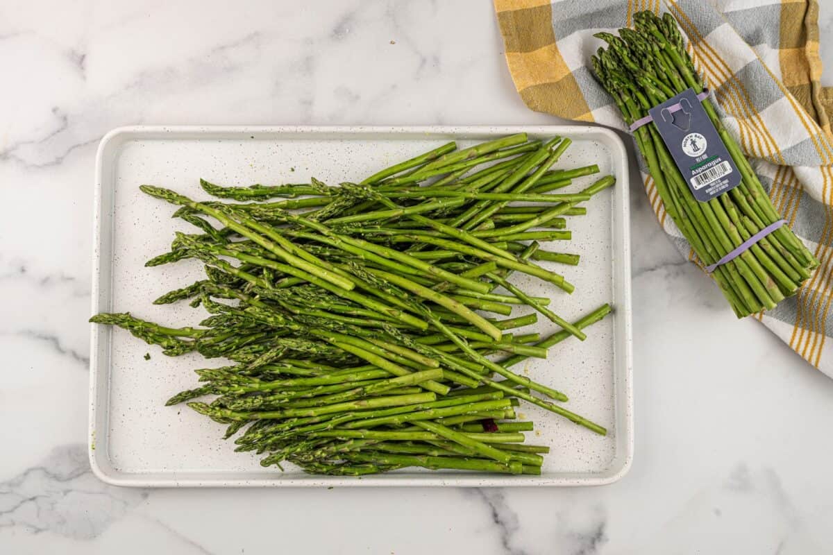 Fresh asparagus spears on a grill pan