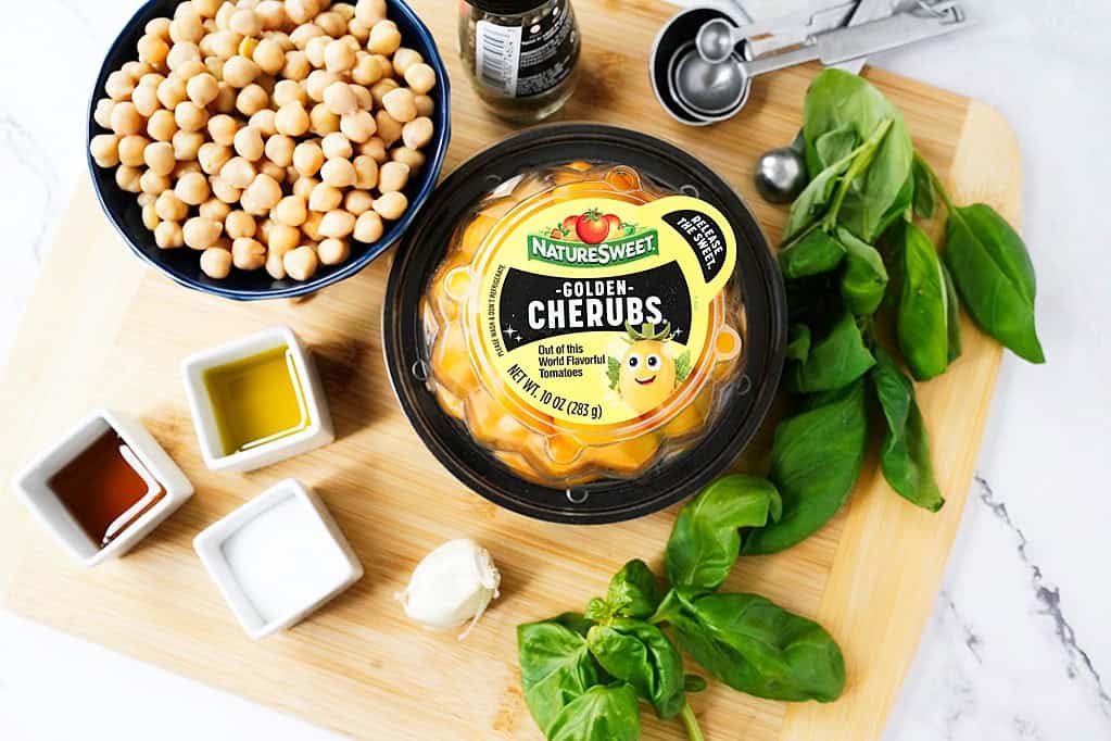 Golden Cherub Tomatoes, chickpeas, basil, sesame oil, garlic, basil, salt, and pepper