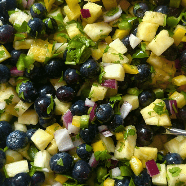 overhead shot of the bluberry pineapple salsa