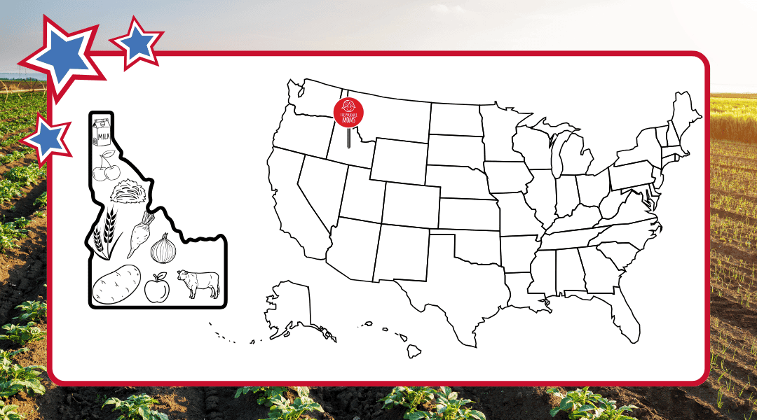 Top agricultural commodities of Idaho on a map of US