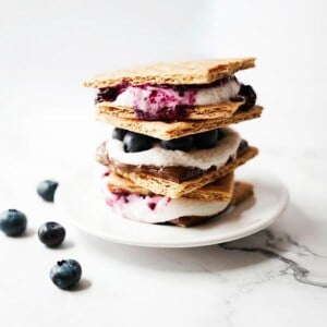 Stack of Blueberry S'mores on a white plate on top of a counter