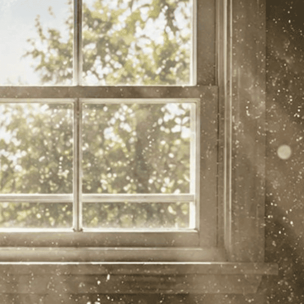 dust particles coming from sunshine from a window