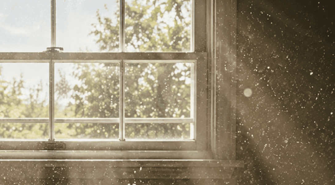 dust particles coming from sunshine from a window