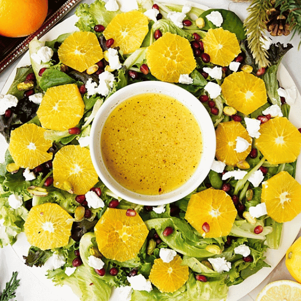 Overhead view of the citrus salad shaped as a wreath