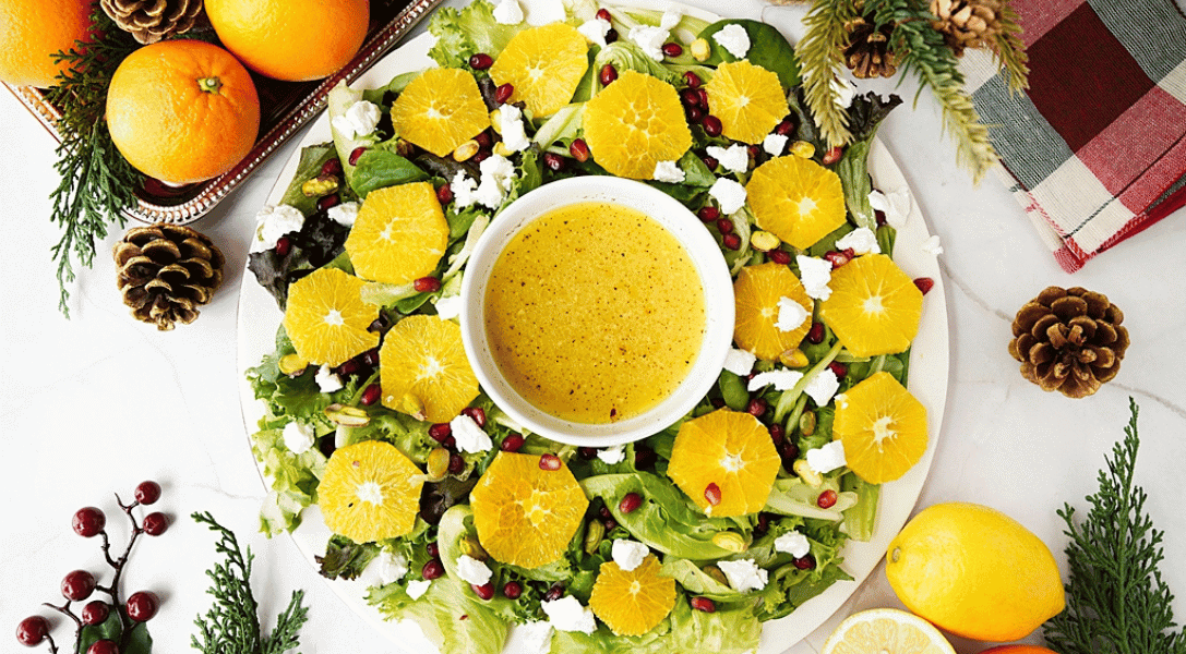 Overhead view of the citrus salad shaped as a wreath