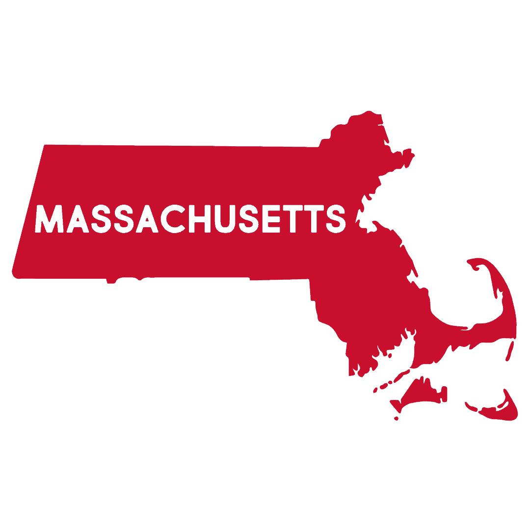 Red outline of the state of Massachusetts