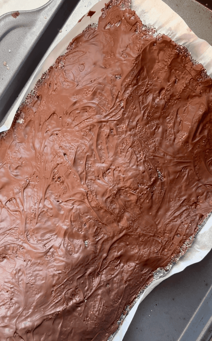 Chia Seed Chocolate Crackers on Sheet pan after refrigeration before it gets broken up