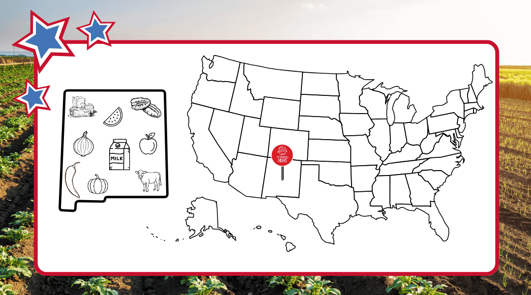 US Map with pin in Nex Mexico. State outline of New Mexico with top agricultural commodities inside.