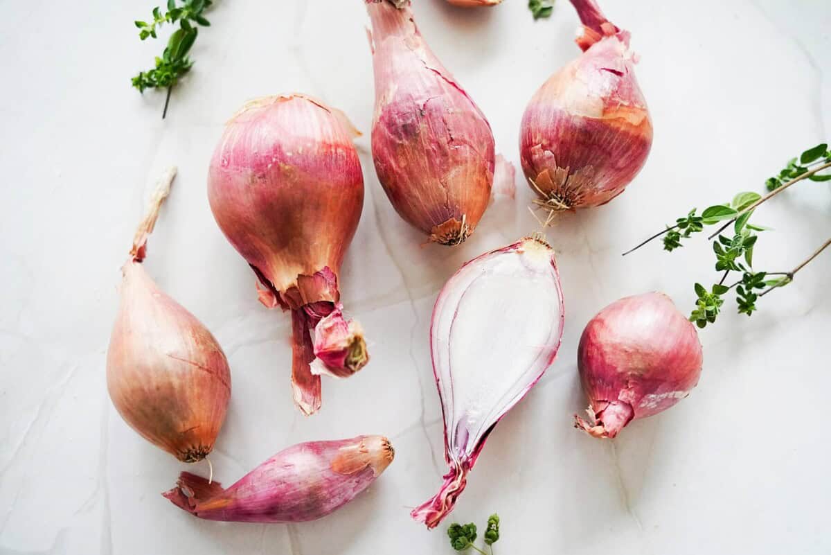 beauty shot of shallots on a counter