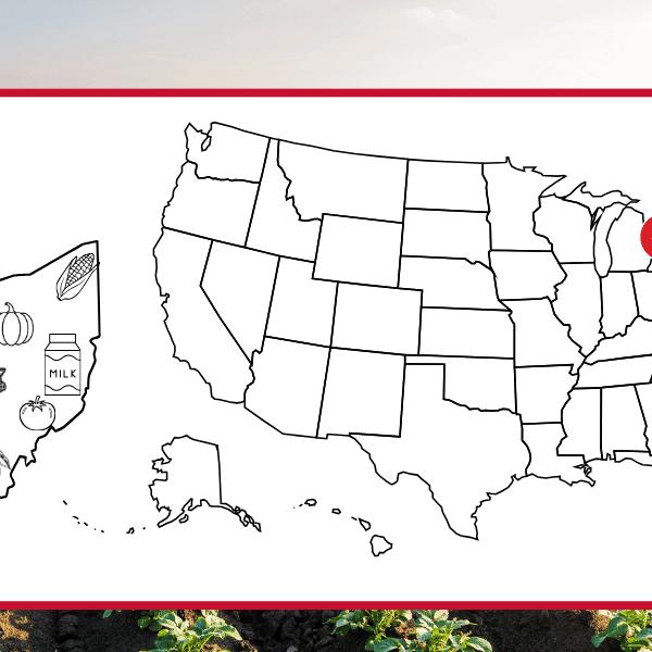US map with pin in Ohio along with an outline of Ohio with top agricultural commodities represented