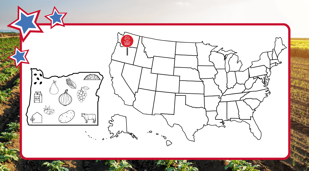USA Map with Pin in Oregon along with an Oregon outline with top agricultural commodities represented inside