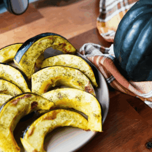 close up of air fryer squash pieces with whole acorn squash to the right
