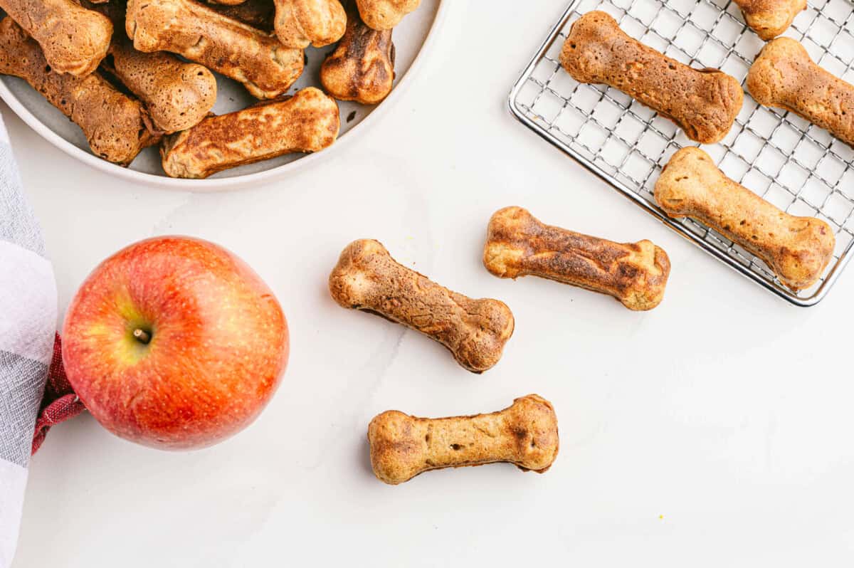 vertical view of the apple & bacon dog treats
