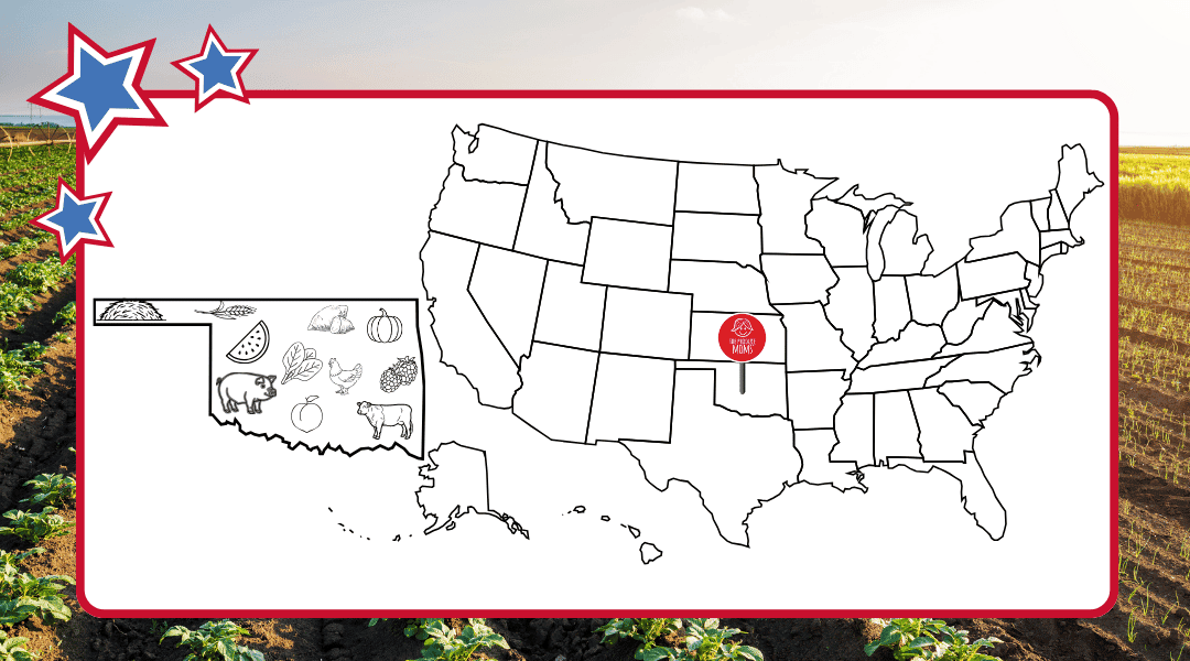 USA Map with pin in Oklahoma. State outline to the left with graphics of the top agricultural commodities in the state.