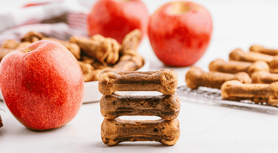 3 apple and bacon dog treats stacked with more treats and apples in background
