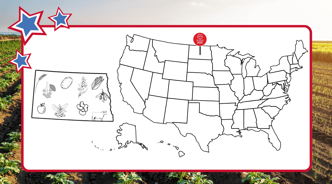 US Map with pin in North Dakota and North Dakota outline with top commodities showcased