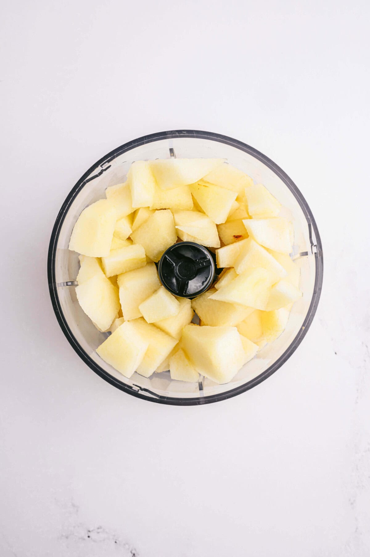 overhead view of pears in blender