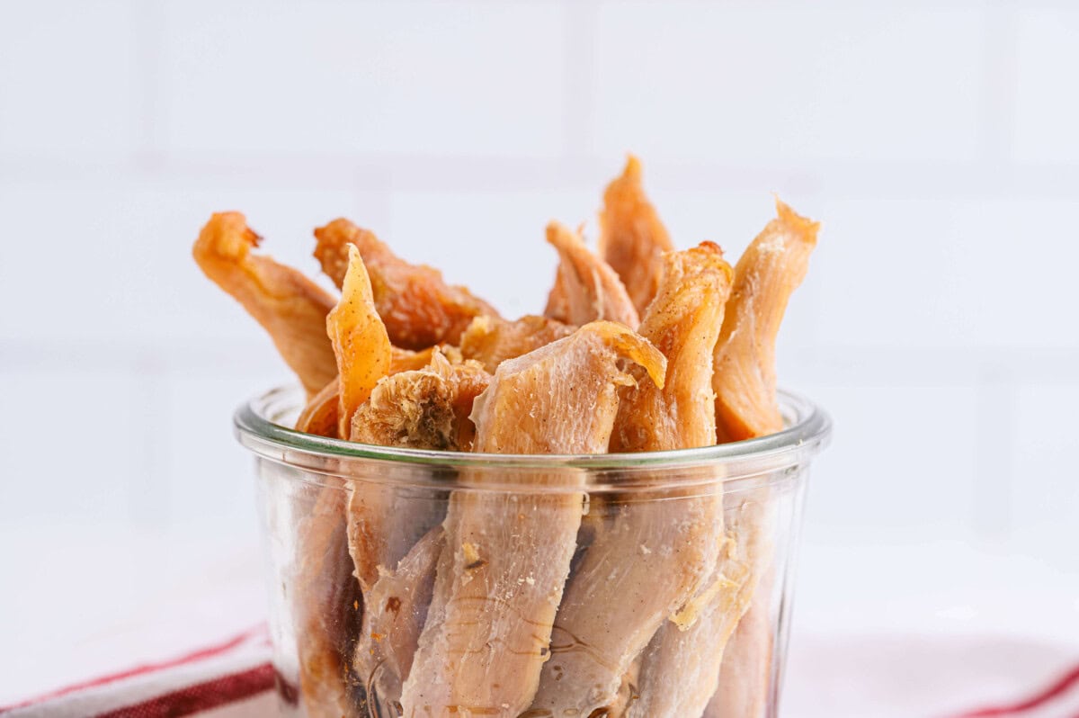 close up of Pear Chicken Jerky Dog Treats